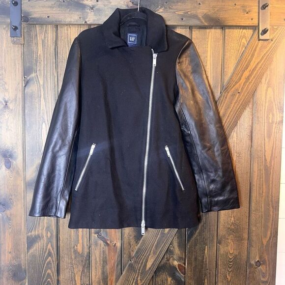GAP Moto Mixed Media Black Leather Sleeved Jacket - Picture 1 of 4